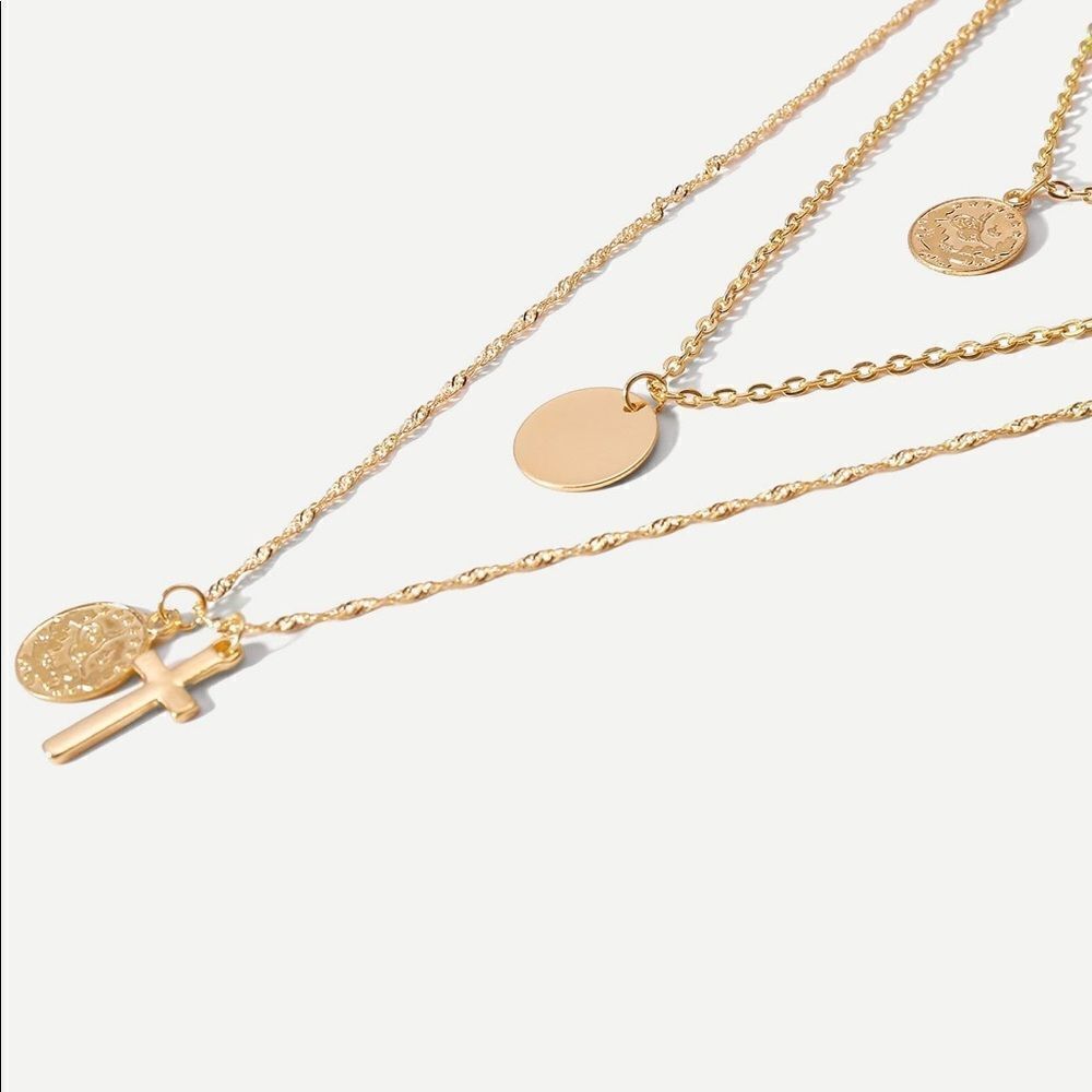 Layered Coin Cross Chain Necklace - Picture 3 of 3